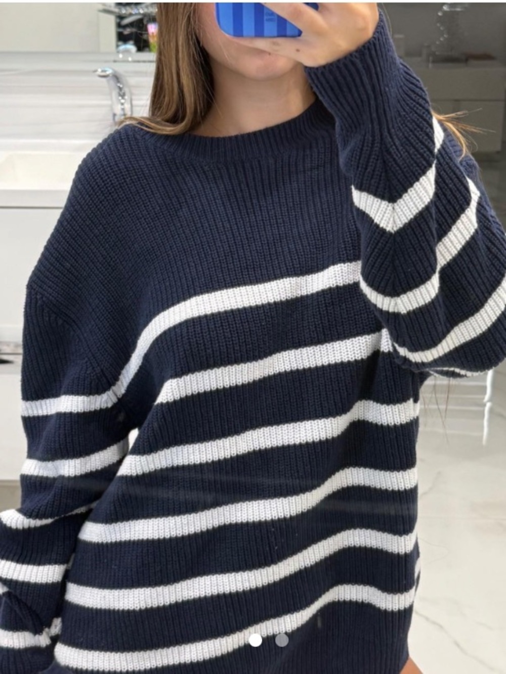 Hollister Navy & White Striped Crew Neck Sweater Woman’s Size Medium